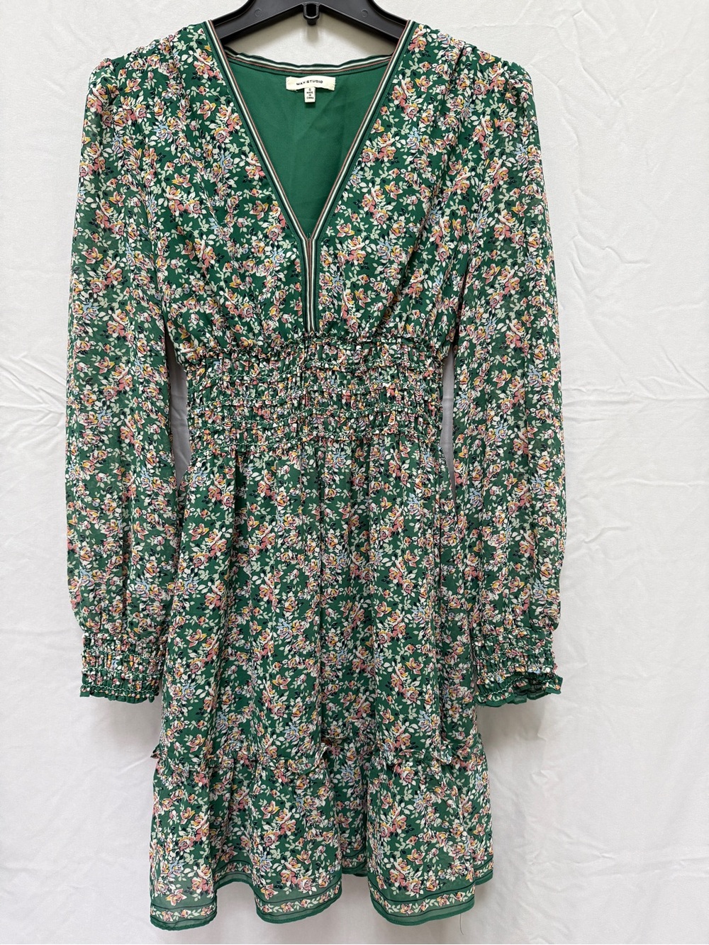 Max Studio Green Floral Long-Sleeve V-Neck Smocked Dress